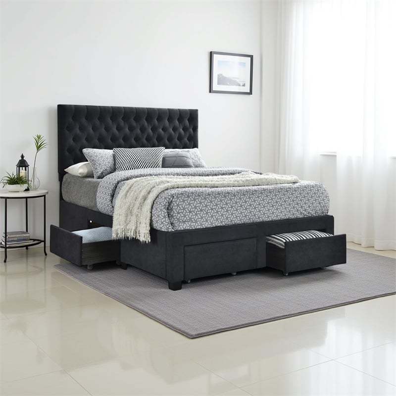 Pemberly Row Fabric Upholstered Queen Bed with Bottom Storage Drawers in Black