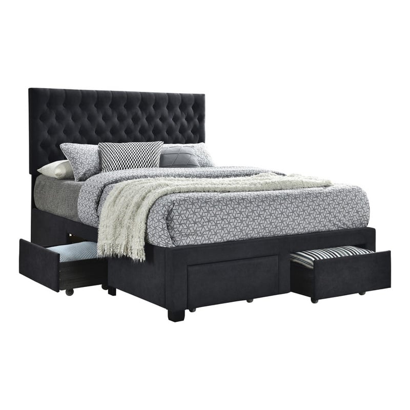 Pemberly Row Fabric Upholstered Queen Bed with Bottom Storage Drawers in Black