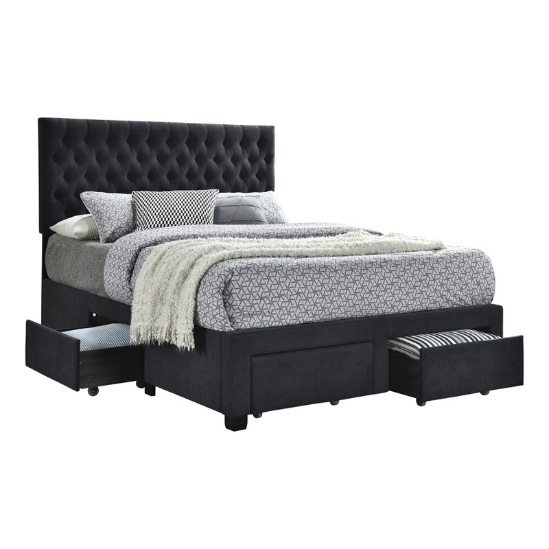 Pemberly Row Fabric Upholstered Queen Bed with Bottom Storage Drawers in Black