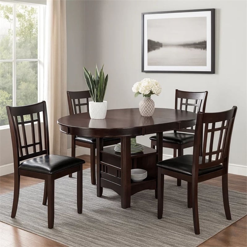 Pemberly Row 5 Piece Dining Set with 42 Inch Round Extendable Table in Espresso