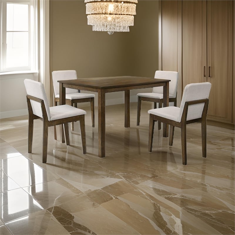 Pemberly Row 5pc Dining Table Set with 4 Padded Chairs in Beige Burlap and Brown
