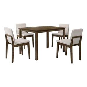 Pemberly Row 5pc Dining Table Set with 4 Padded Chairs in Beige Burlap and Brown