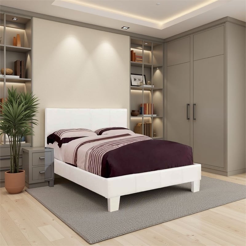 Pemberly Row Leatherette Platform Queen Bed with Tapered Block Feet in White