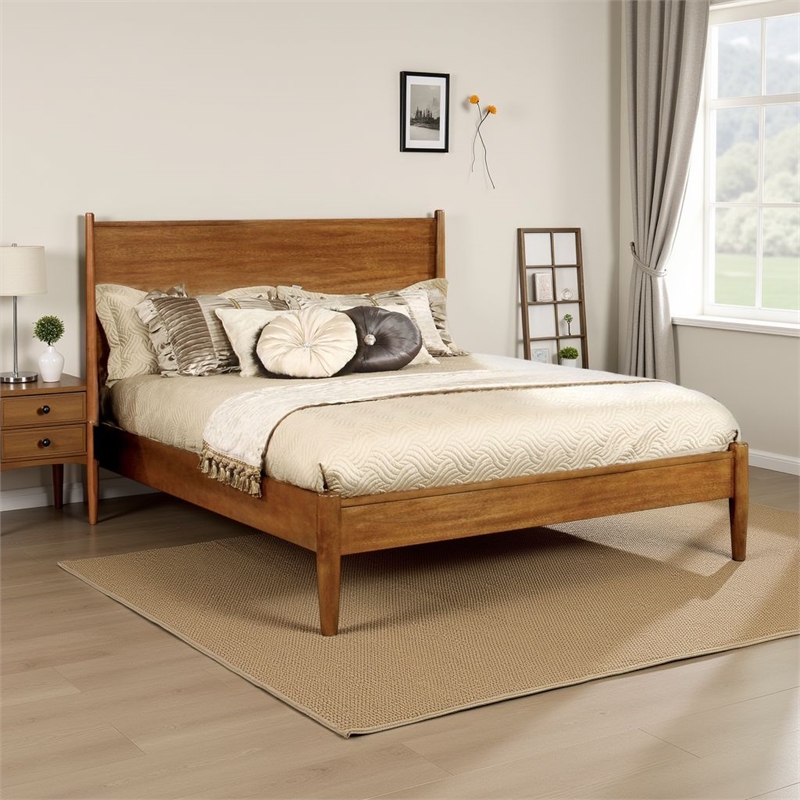 Pemberly Row Mid Century Wood Queen Bed with Round Tapered Legs in Oak Brown