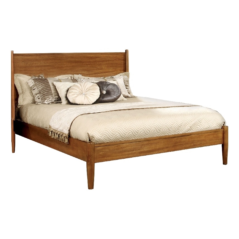 Pemberly Row Mid Century Wood Queen Bed with Round Tapered Legs in Oak Brown