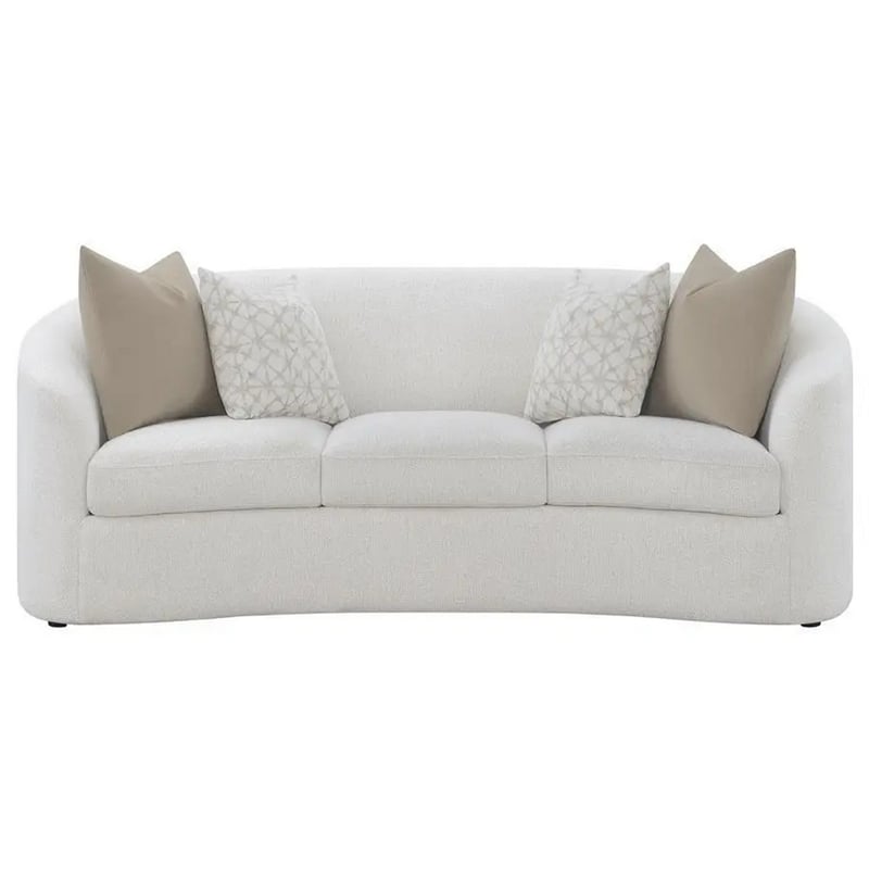 Pemberly Row 89 Inch Modern Curved Sofa with 4 Throw Pillows in Cream Boucle