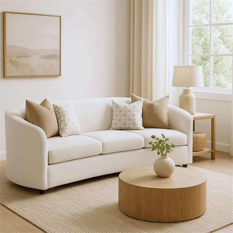 Pemberly Row 89 Inch Modern Curved Sofa with 4 Throw Pillows in Cream Boucle