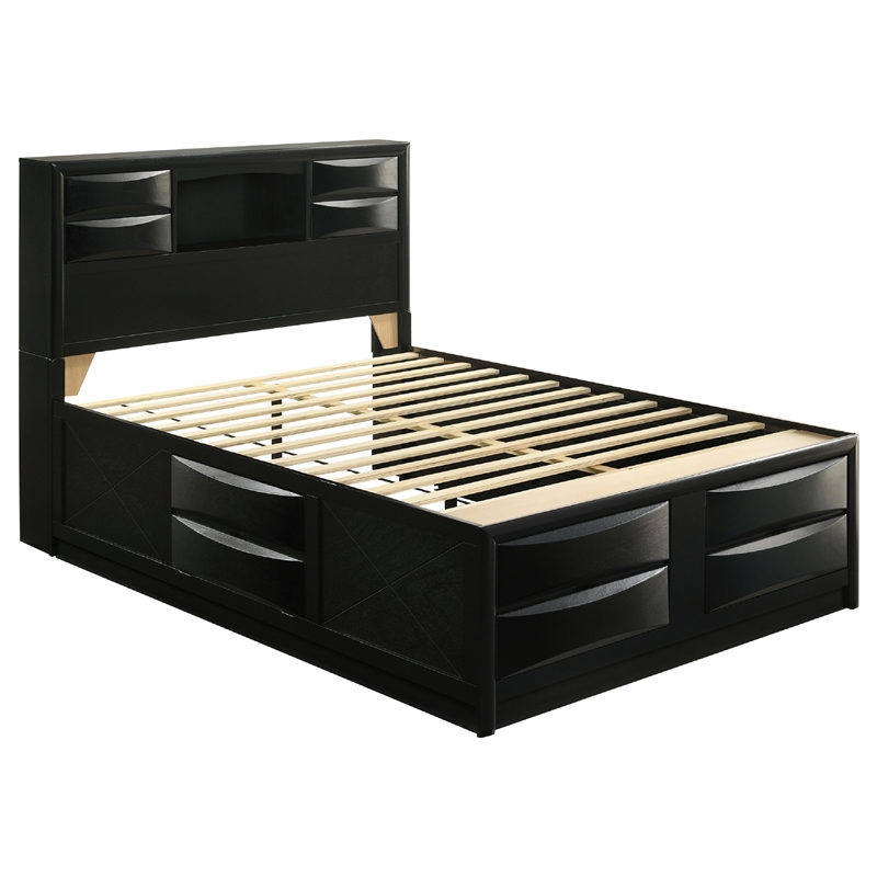 Pemberly Row 4 Pc Queen Bedroom Set with Bookcase Headboard and Storage in Black