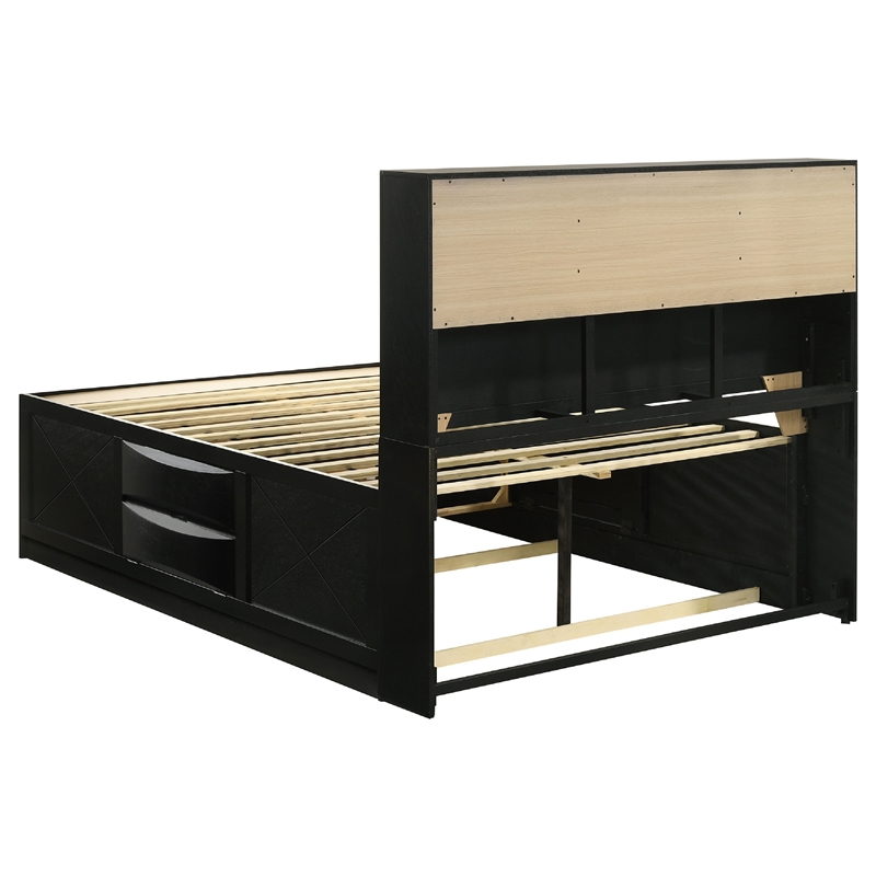 Pemberly Row 4 Pc Queen Bedroom Set with Bookcase Headboard and Storage in Black