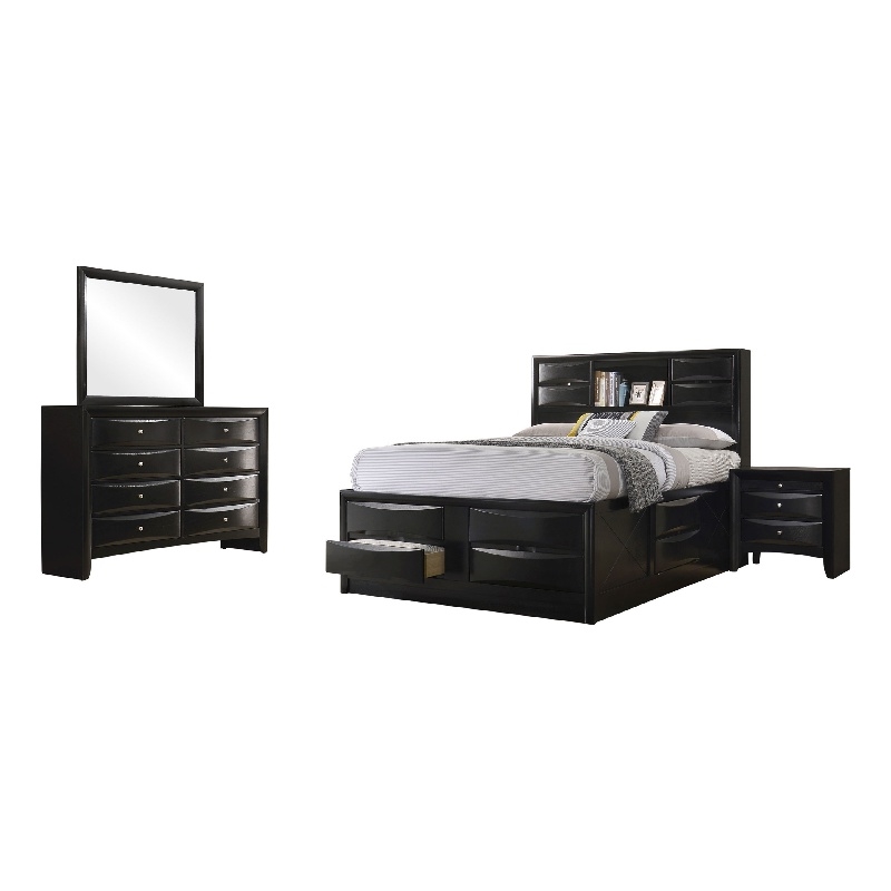 Pemberly Row 4 Pc Queen Bedroom Set with Bookcase Headboard and Storage in Black