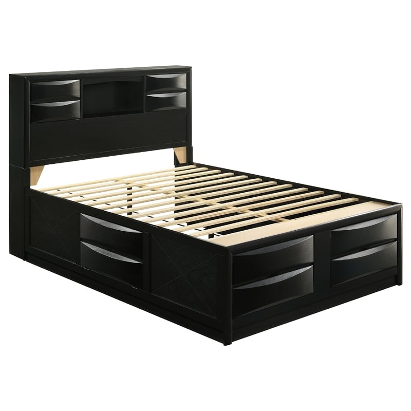 Pemberly Row 5 Pc Queen Bedroom Set with Bookcase Headboard and Storage in Black