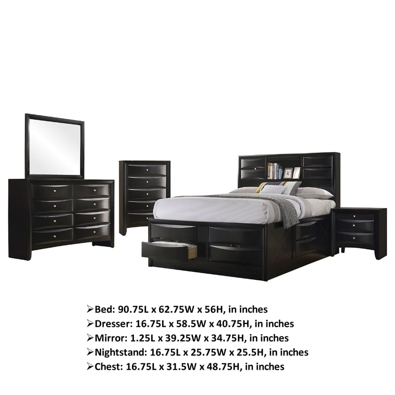 Pemberly Row 5 Pc Queen Bedroom Set with Bookcase Headboard and Storage in Black