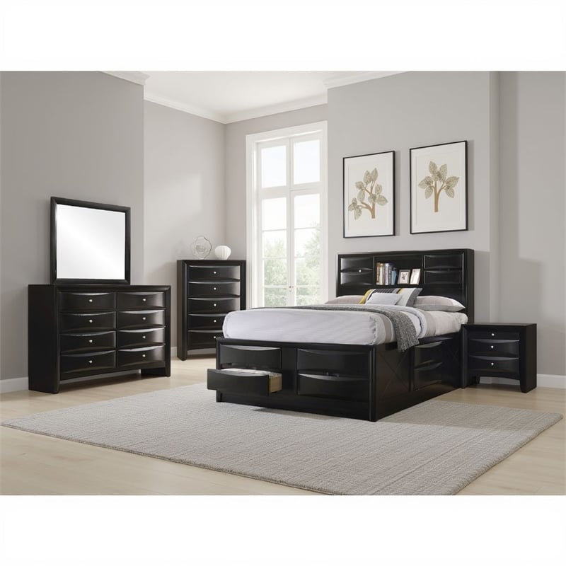 Pemberly Row 5 Pc Queen Bedroom Set with Bookcase Headboard and Storage in Black
