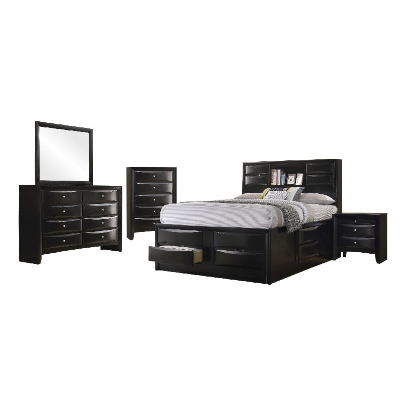 Pemberly Row 5 Pc Queen Bedroom Set with Bookcase Headboard and Storage in Black