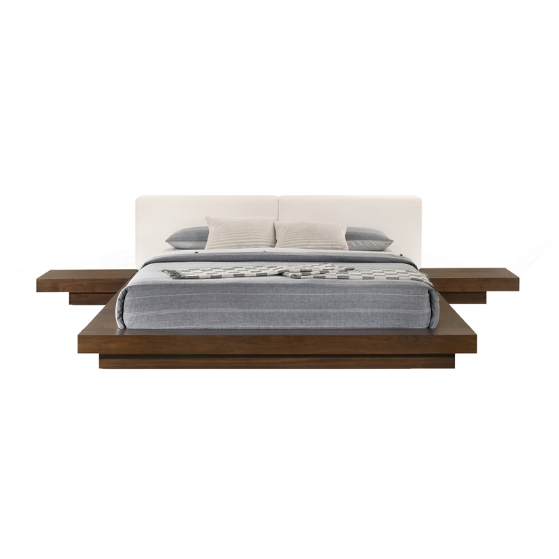 Pemberly Row Queen Platform Bed w/ Faux Leather Headboard & Side Shelves - White