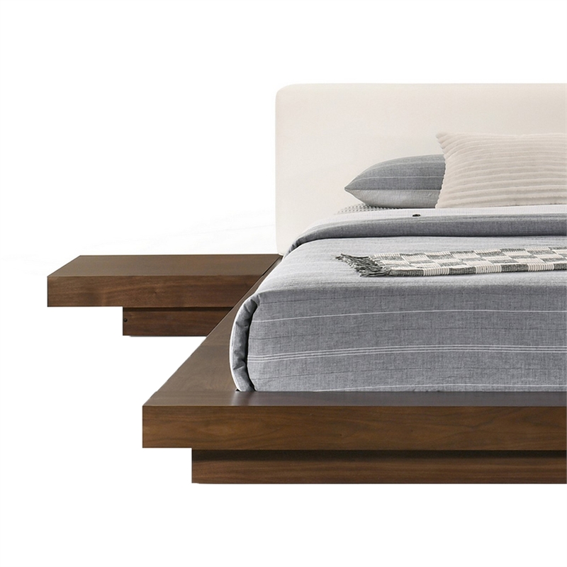 Pemberly Row Queen Platform Bed w/ Faux Leather Headboard & Side Shelves - White
