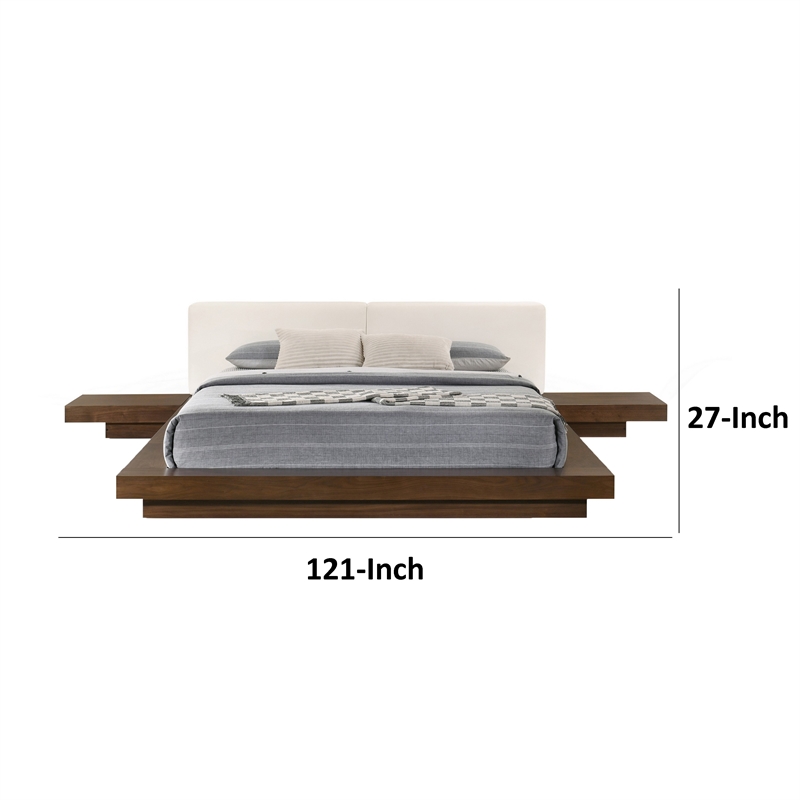 Pemberly Row Queen Platform Bed w/ Faux Leather Headboard & Side Shelves - White