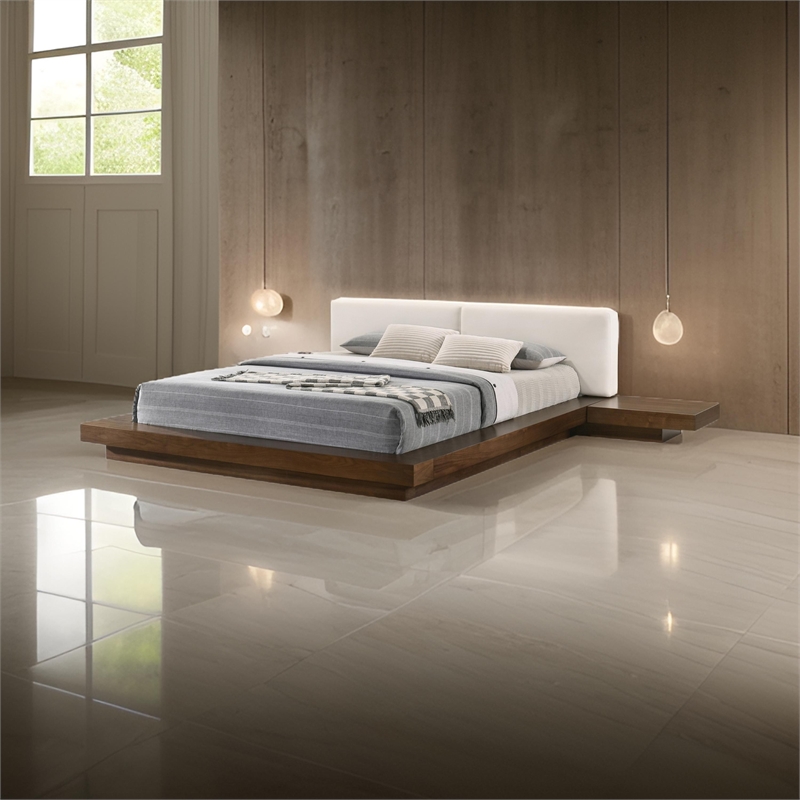 Pemberly Row Queen Platform Bed w/ Faux Leather Headboard & Side Shelves - White