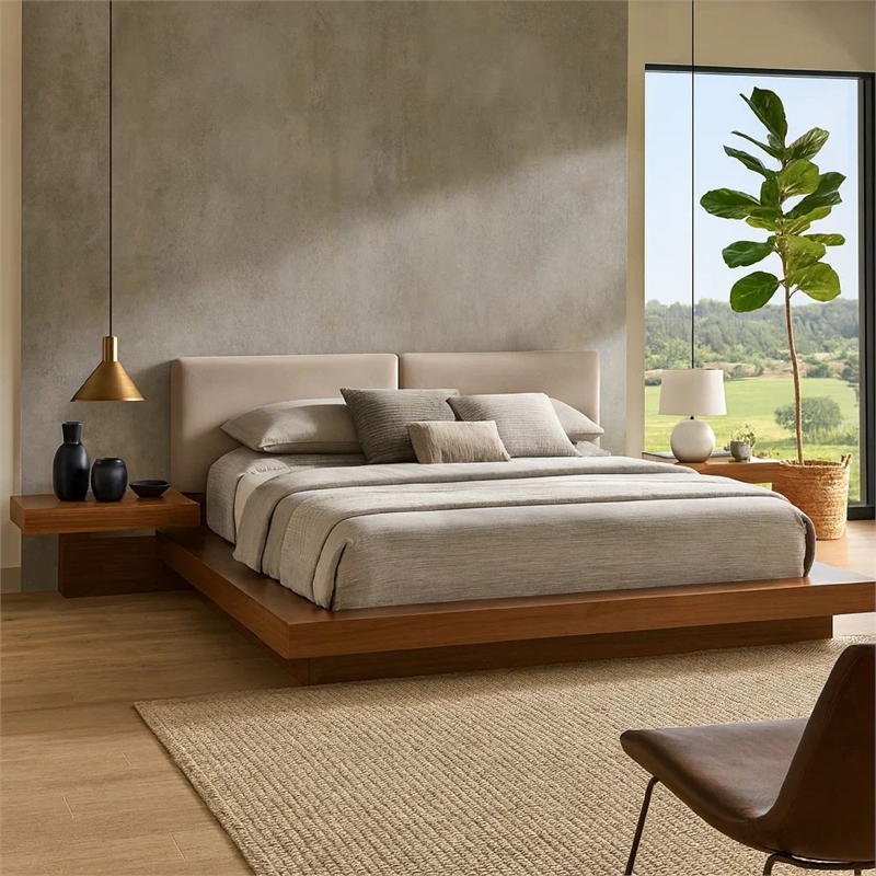 Pemberly Row Queen Platform Bed w/ Faux Leather Headboard & Side Shelves in Gray