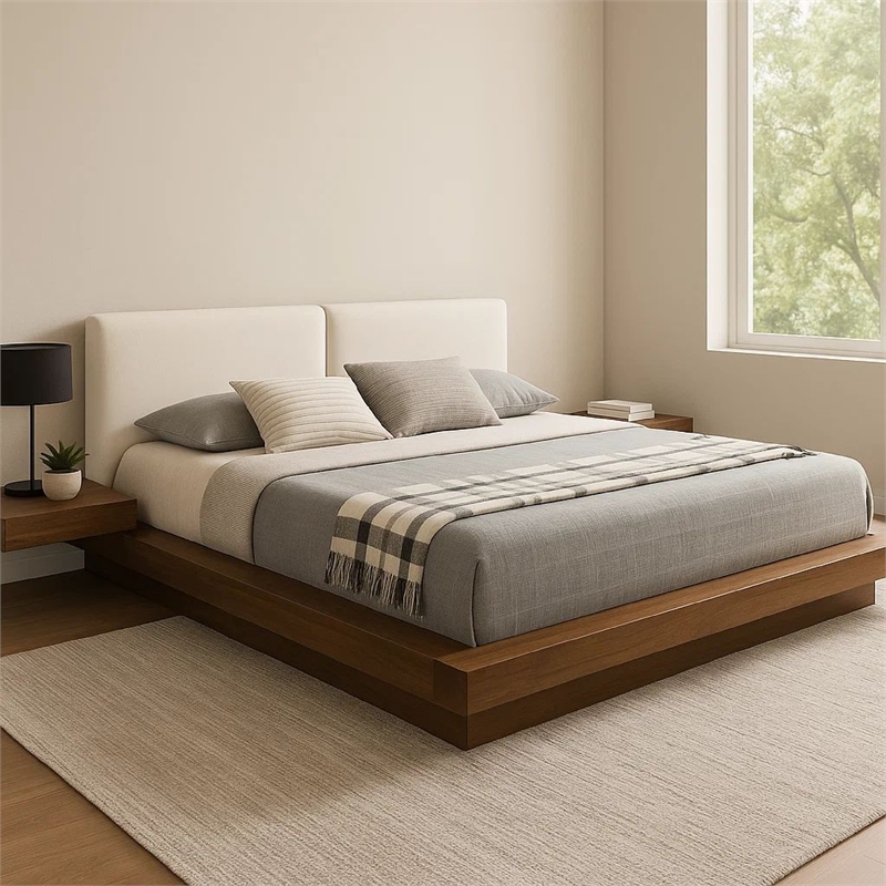 Pemberly Row Queen Platform Bed w/ Faux Leather Headboard & Side Shelves in Gray