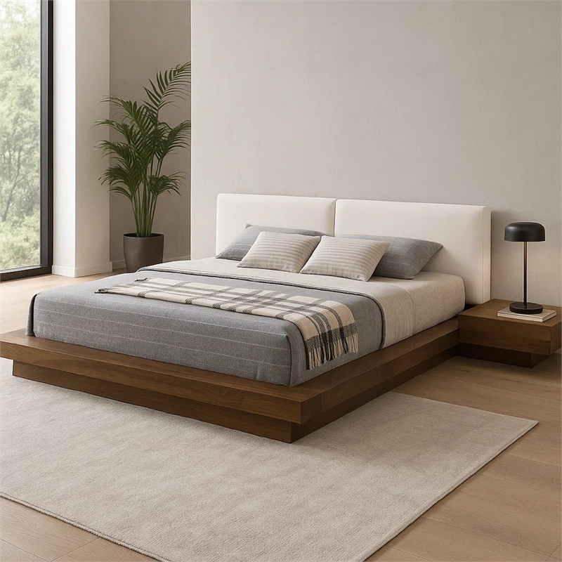 Pemberly Row Queen Platform Bed w/ Faux Leather Headboard & Side Shelves in Gray