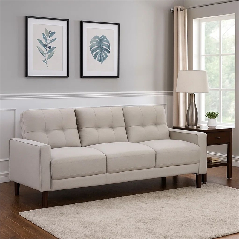 Pemberly Row 77 Inch Sofa with Grid Tufted Back and Track Arms in Beige