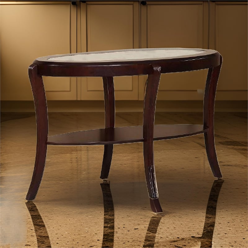 Pemberly Row 51 Inch Console Table with Oval Glass Top and Lower Shelf in Brown