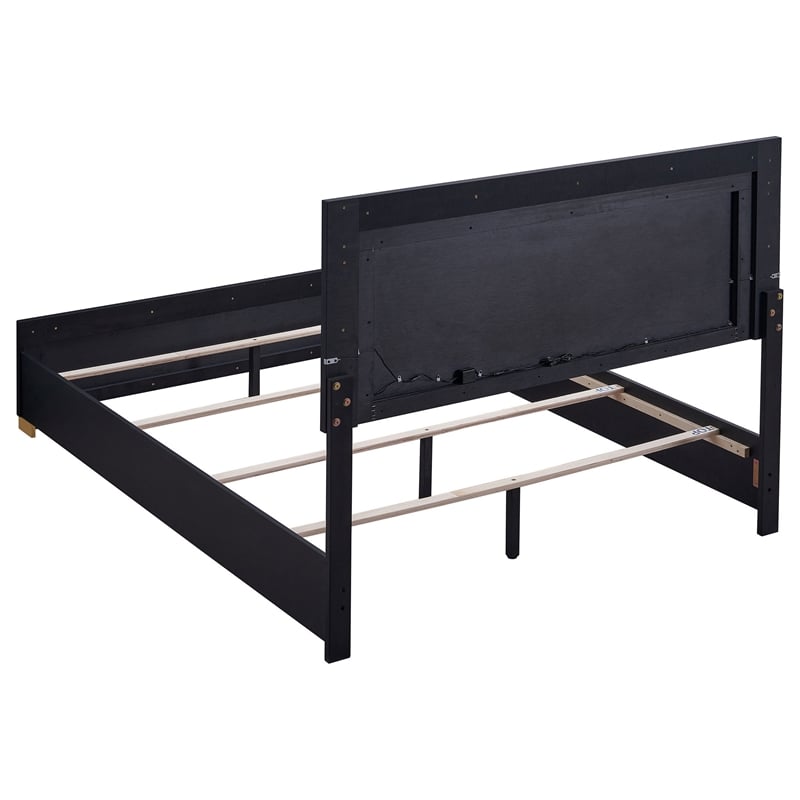 Pemberly Row Queen Platform Bed with Panel LED Headboard in Black Melamine