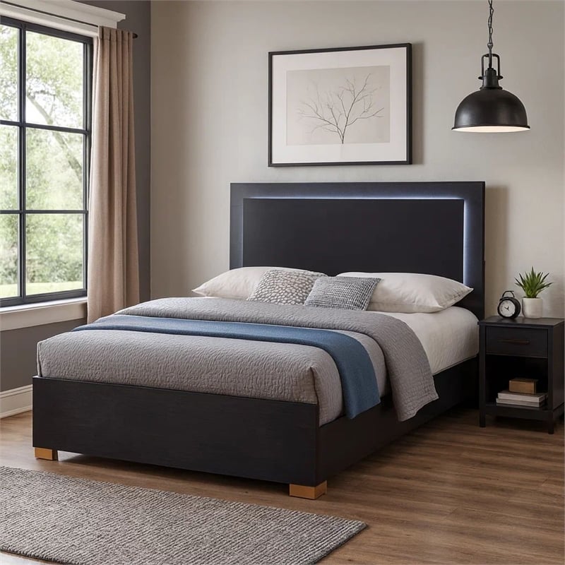 Pemberly Row Queen Platform Bed with Panel LED Headboard in Black Melamine