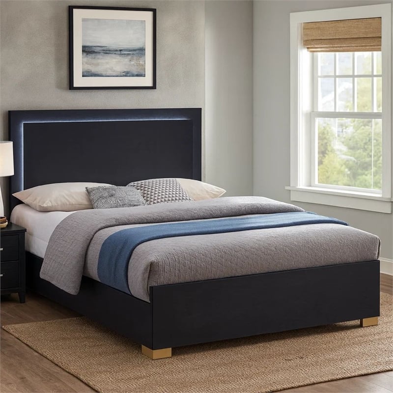 Pemberly Row Queen Platform Bed with Panel LED Headboard in Black Melamine