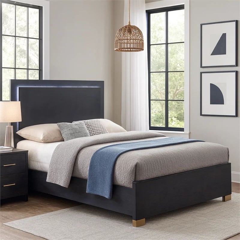 Pemberly Row Queen Platform Bed with Panel LED Headboard in Black Melamine