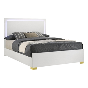 Pemberly Row King Platform Bed with Panel LED Headboard in White Melamine