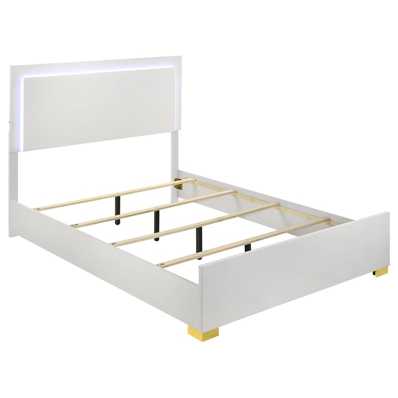 Pemberly Row Queen Platform Bed with Panel LED Headboard in White Melamine