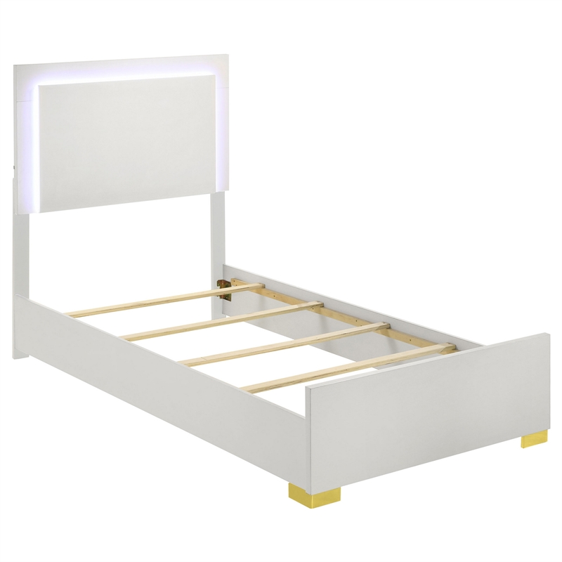 Pemberly Row Twin Bed with LED Framed Headboard and Gold Legs in White