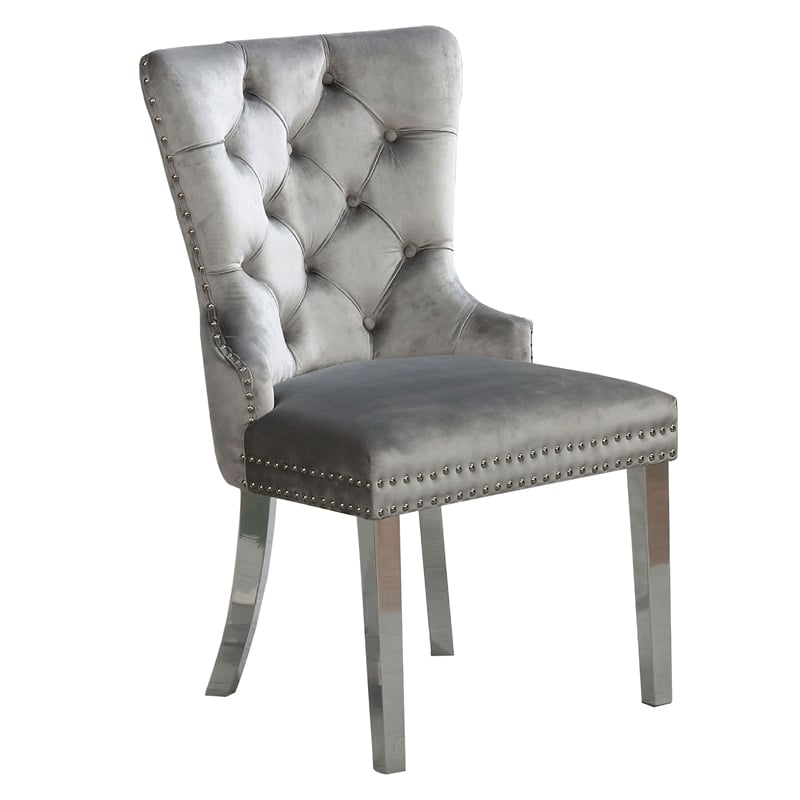 Pemberly Row Set of 2 Tufted Wingback Dining Chairs with Nailhead Trim in Gray