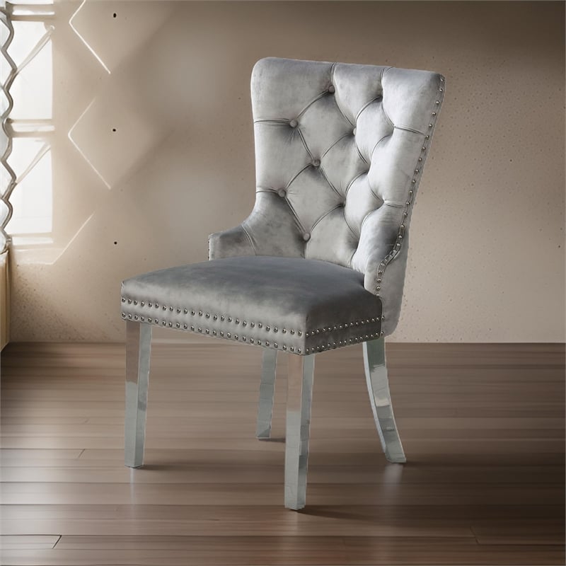Pemberly Row Set of 2 Tufted Wingback Dining Chairs with Nailhead Trim in Gray