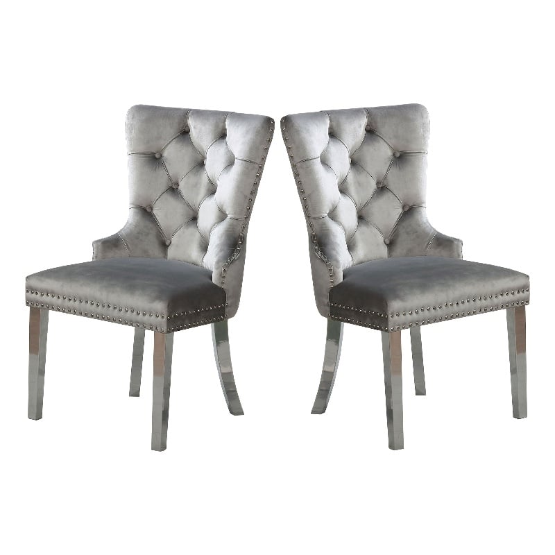 Pemberly Row Set of 2 Tufted Wingback Dining Chairs with Nailhead Trim in Gray