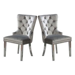 Pemberly Row Set of 2 Tufted Wingback Dining Chairs with Nailhead Trim in Gray