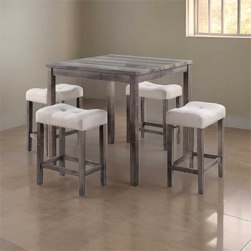 Pemberly Row 5Pc Counter Height Table Set w/ Saddle Seat Stools in Beige & Gray