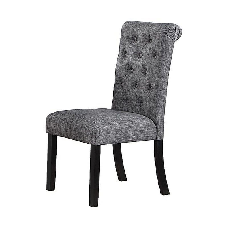 Pemberly Row Set of 2 Button Tufted Dining Chairs w/ Rolled Top in Charcoal Gray