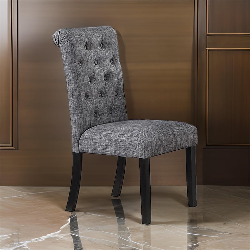 Pemberly Row Set of 2 Button Tufted Dining Chairs w/ Rolled Top in Charcoal Gray
