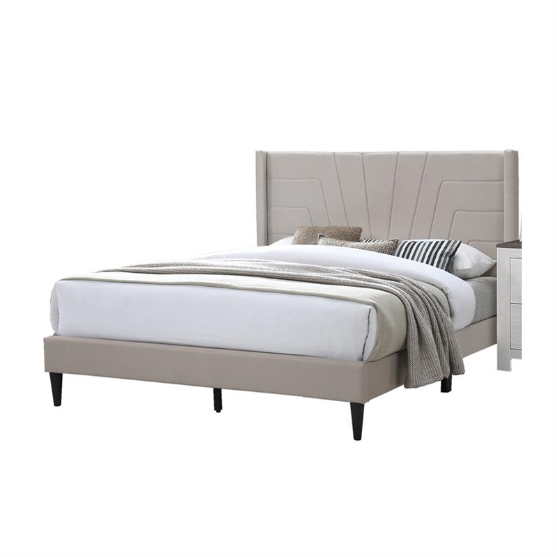 Pemberly Row Queen Bed with Geometric Tufted Wingback Headboard in Brown Burlap