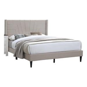 Pemberly Row Queen Bed with Geometric Tufted Wingback Headboard in Brown Burlap