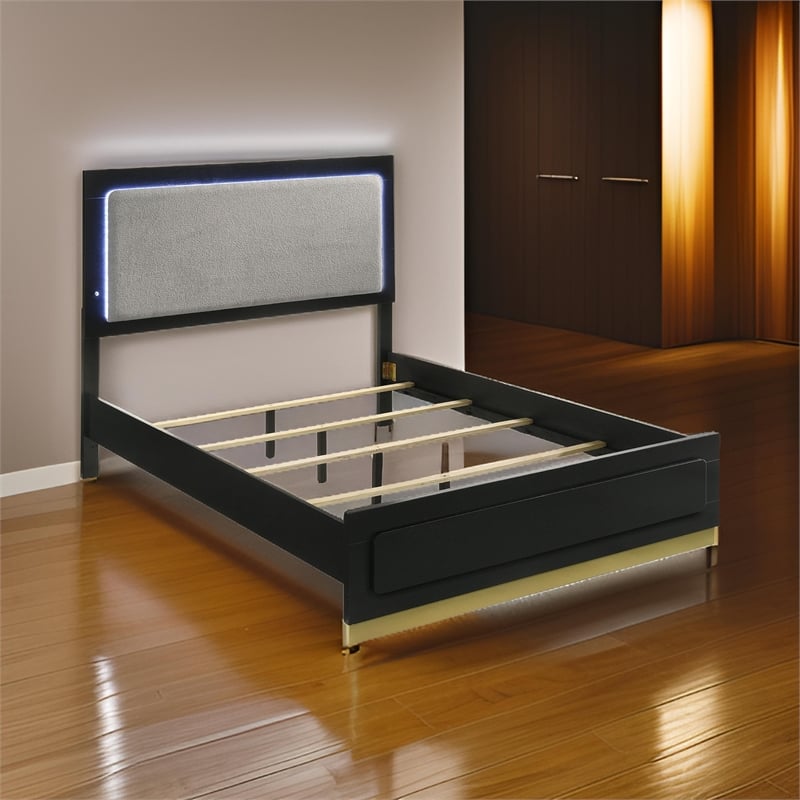 Pemberly Row Queen Bed with LED Panel Tall Headboard & Gold Base in Black & Gray