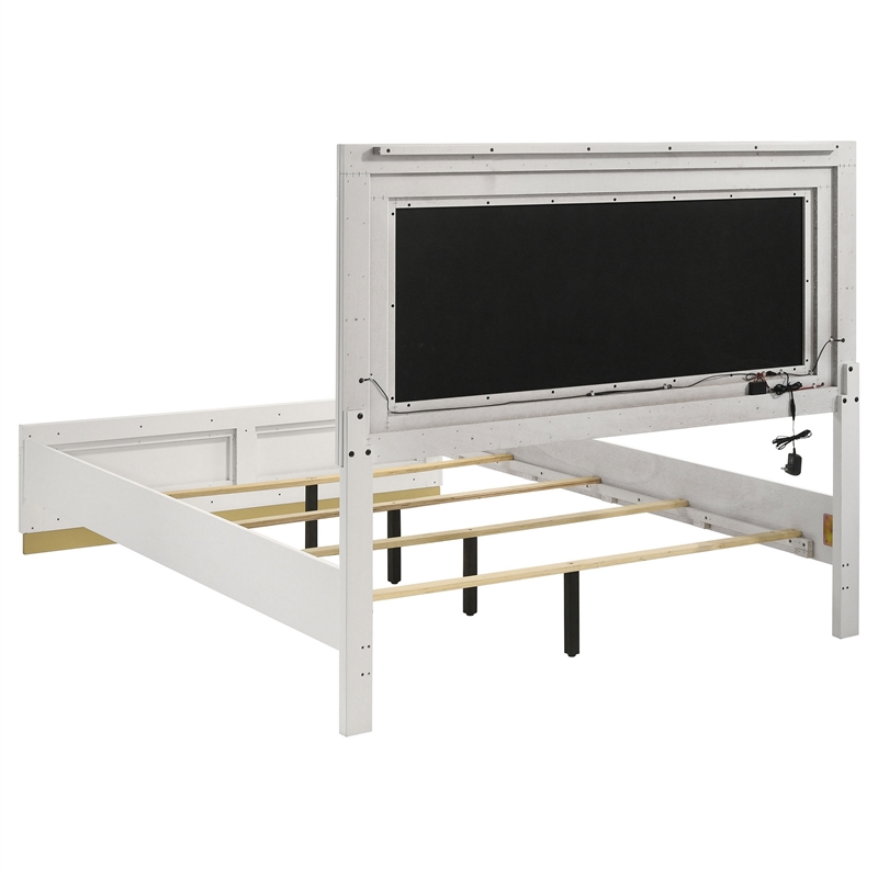 Pemberly Row Queen Bed with LED Panel Tall Headboard & Gold Base in White & Gray