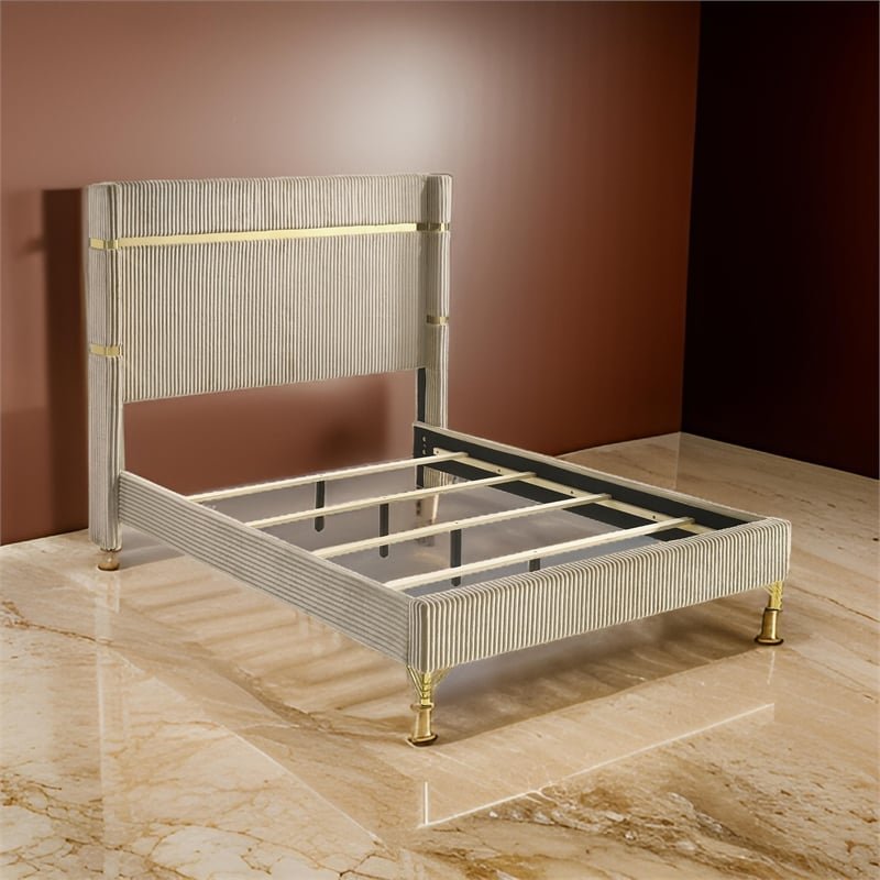 Pemberly Row Queen Platform Bed w/ Fluted Wingback Headboard & Gold Trim - Beige