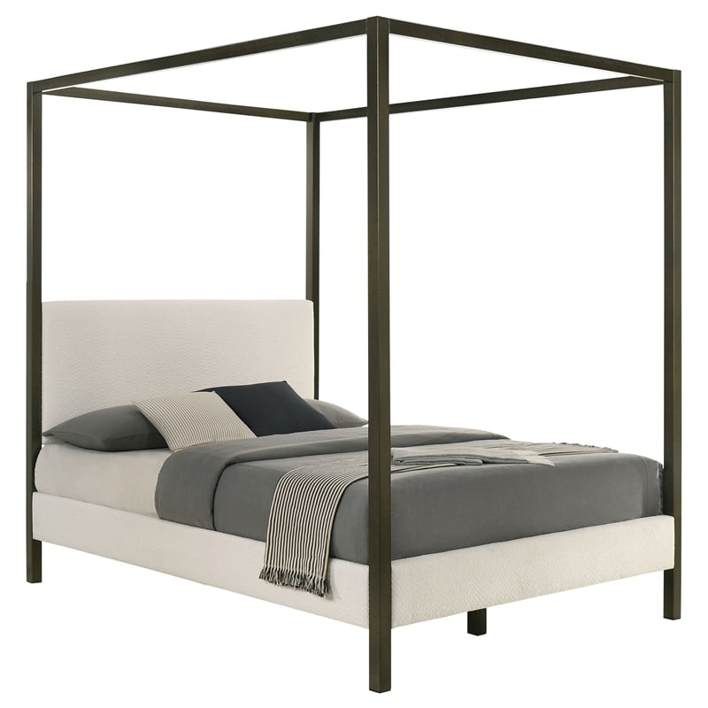 Pemberly Row King Canopy Bed w/ Padded Headboard & Bronze 4 Post Frame in Ivory