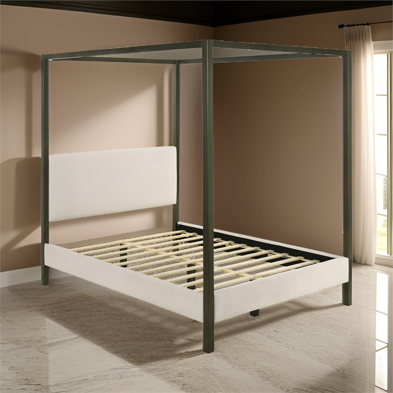 Pemberly Row King Canopy Bed w/ Padded Headboard & Bronze 4 Post Frame in Ivory