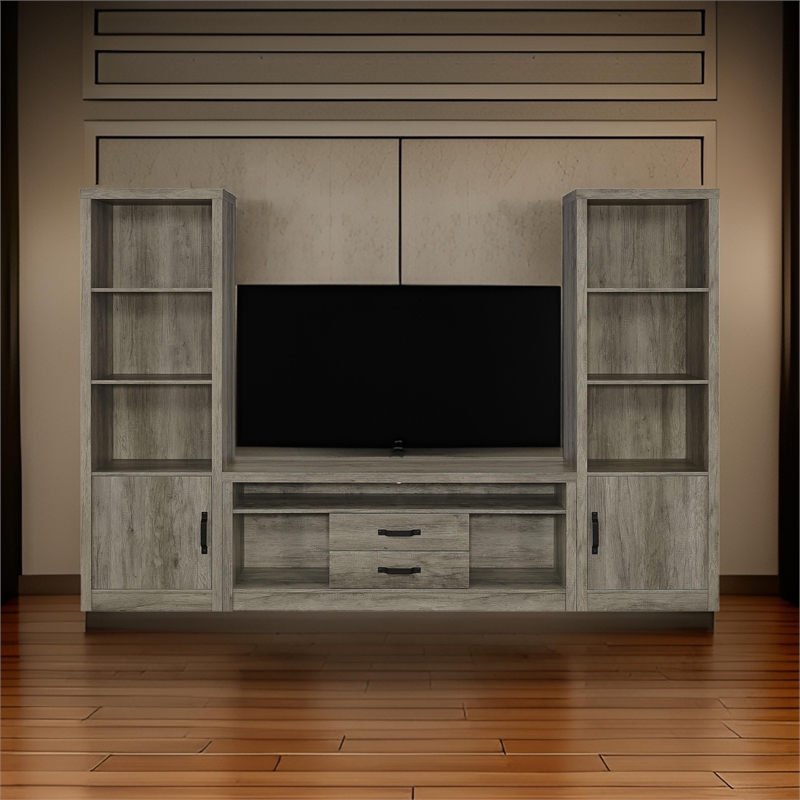 Pemberly Row TV Entertainment Console w/ 2 Media Towers & 8 Compartments in Gray