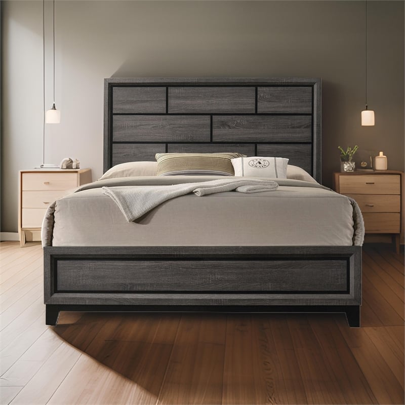 Pemberly Row King Bed with Brick Pattern Panel Headboard in Gray and Black